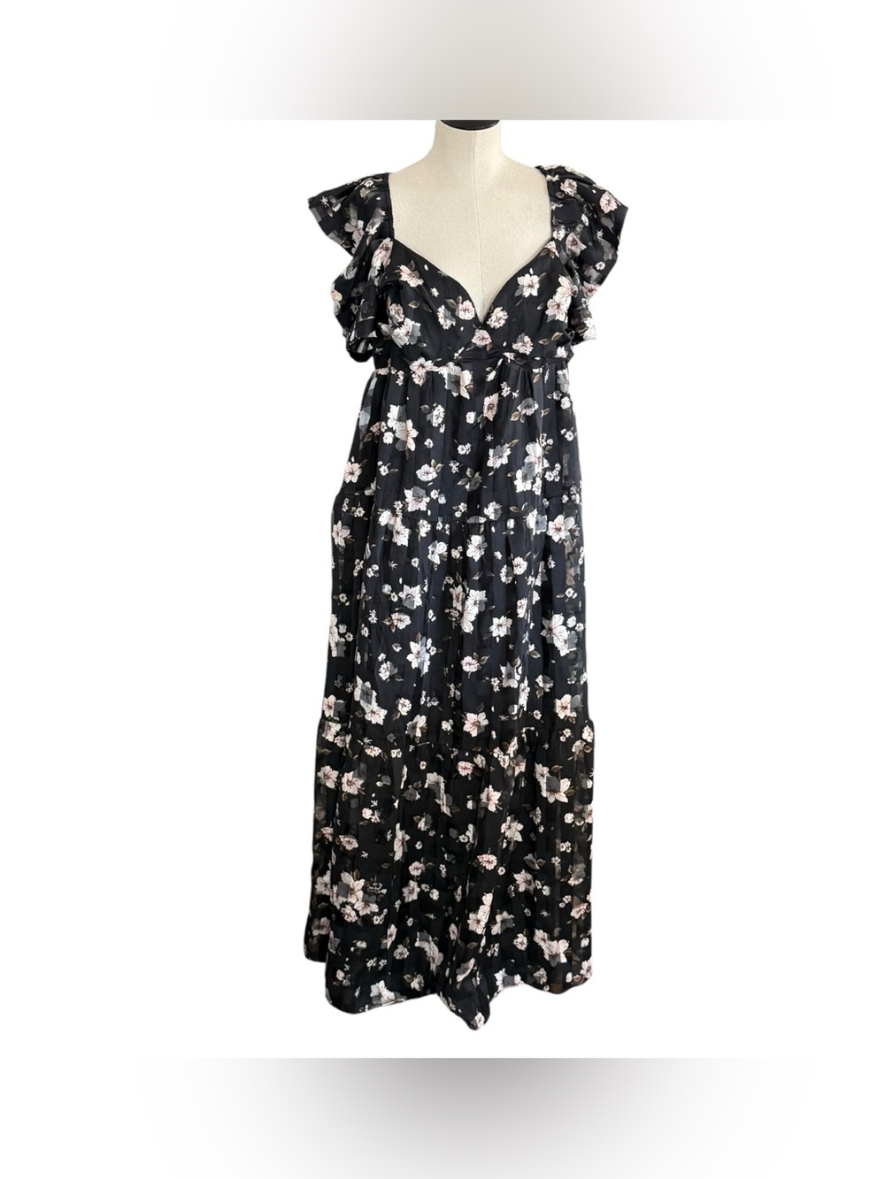 NWT Buddy Love XL Black Pink Floral Maxi Flutter Sleeves Ruffle Hem Garden Party